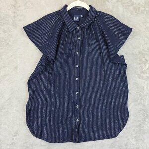 GAP Shirt Womens Medium Blue Flutter Gauze Striped Button Front Flutter Sleeve